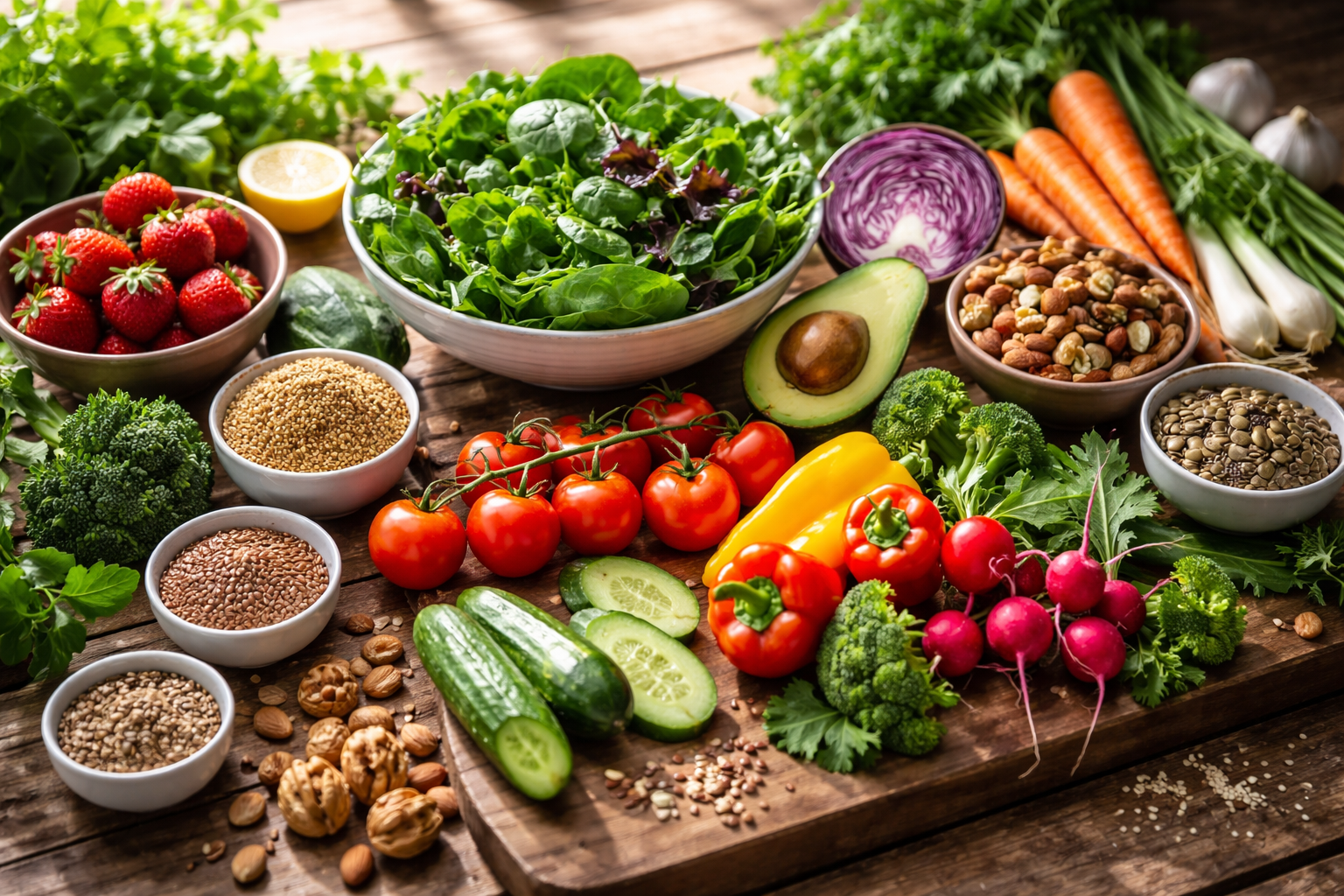Fresh natural ingredients including leafy greens, colorful vegetables, nuts, and seeds arranged on a wooden table with natural morning light