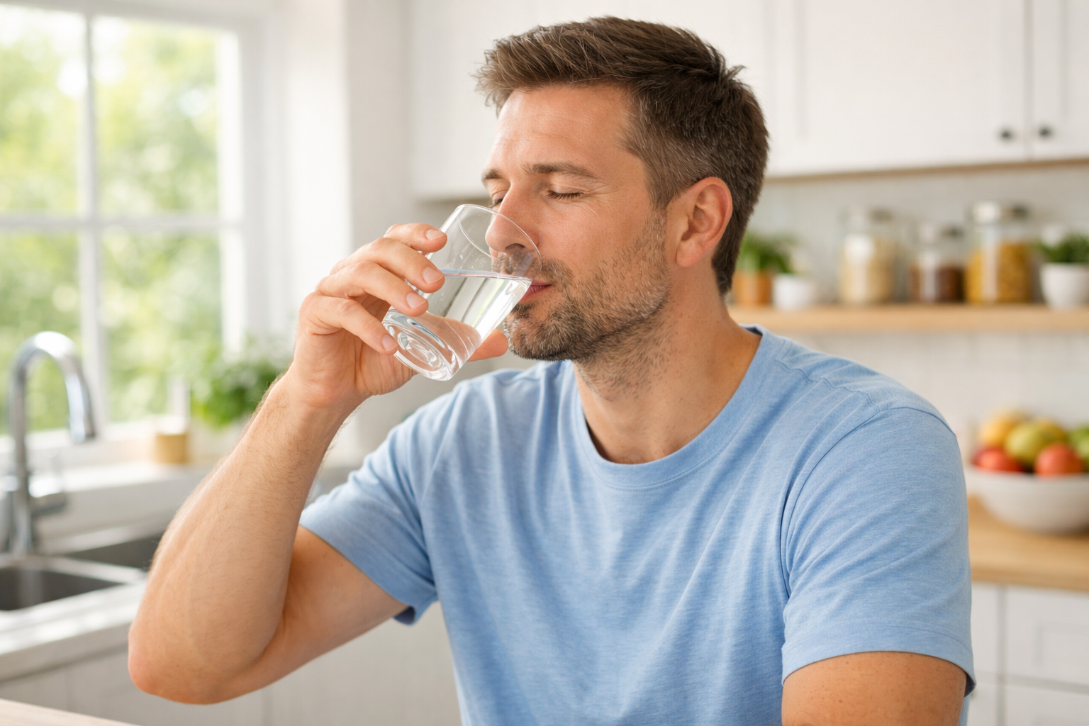 Mandrinking fresh water from a clear glass in a bright kitchen environment with natural daylight, showing healthy hydration habits